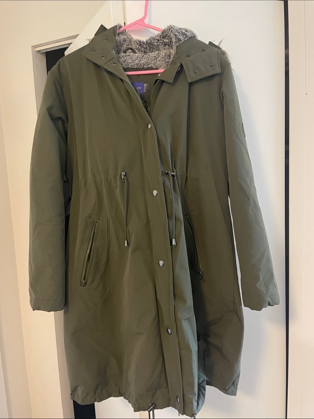Seraphine Olive Green Hooded Maternity Jacket with Faux Fur Lining.